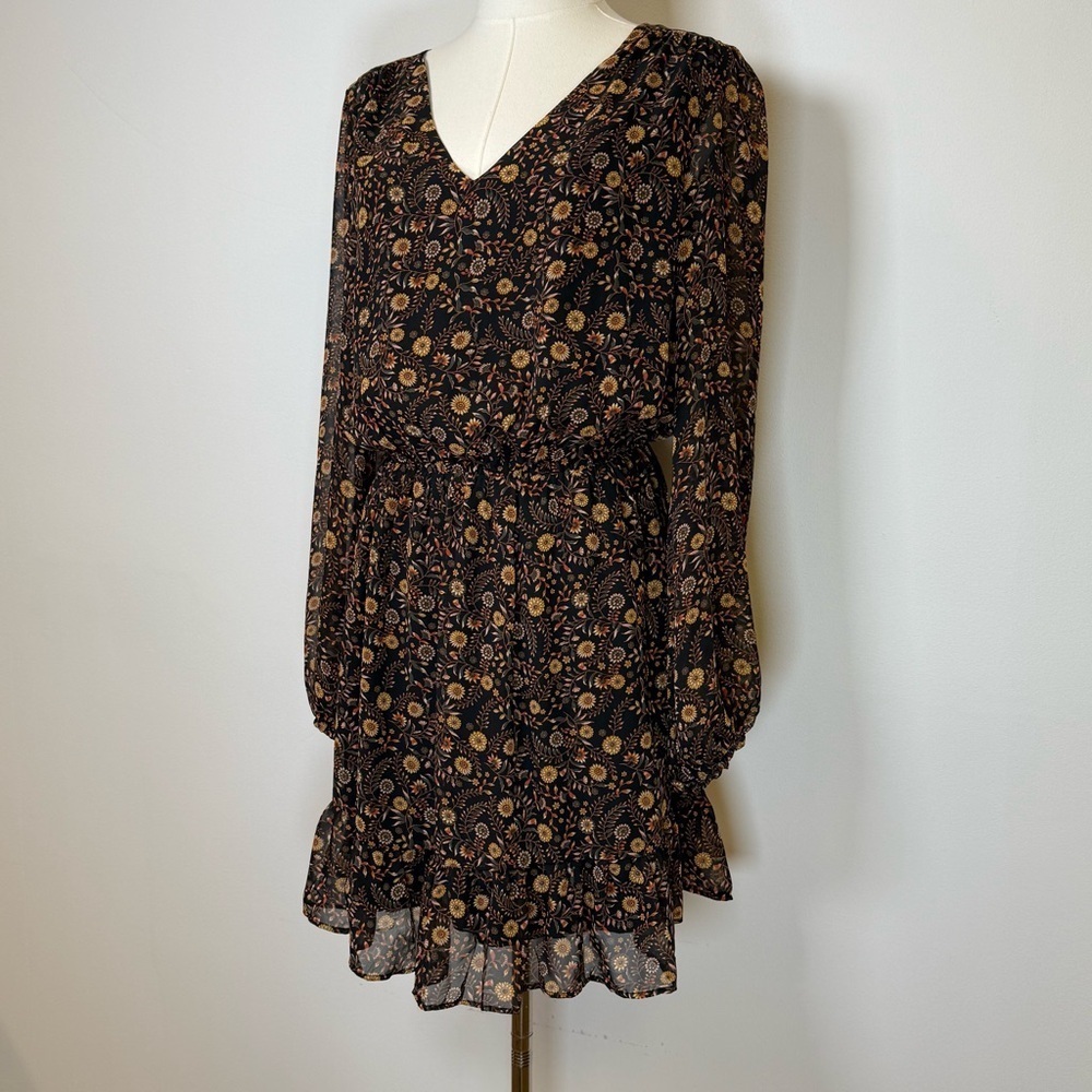 New! Evereve ‘Olivia’ Black Brown Floral Print Mini Dress Women’s Size Medium - Picture 5 of 12